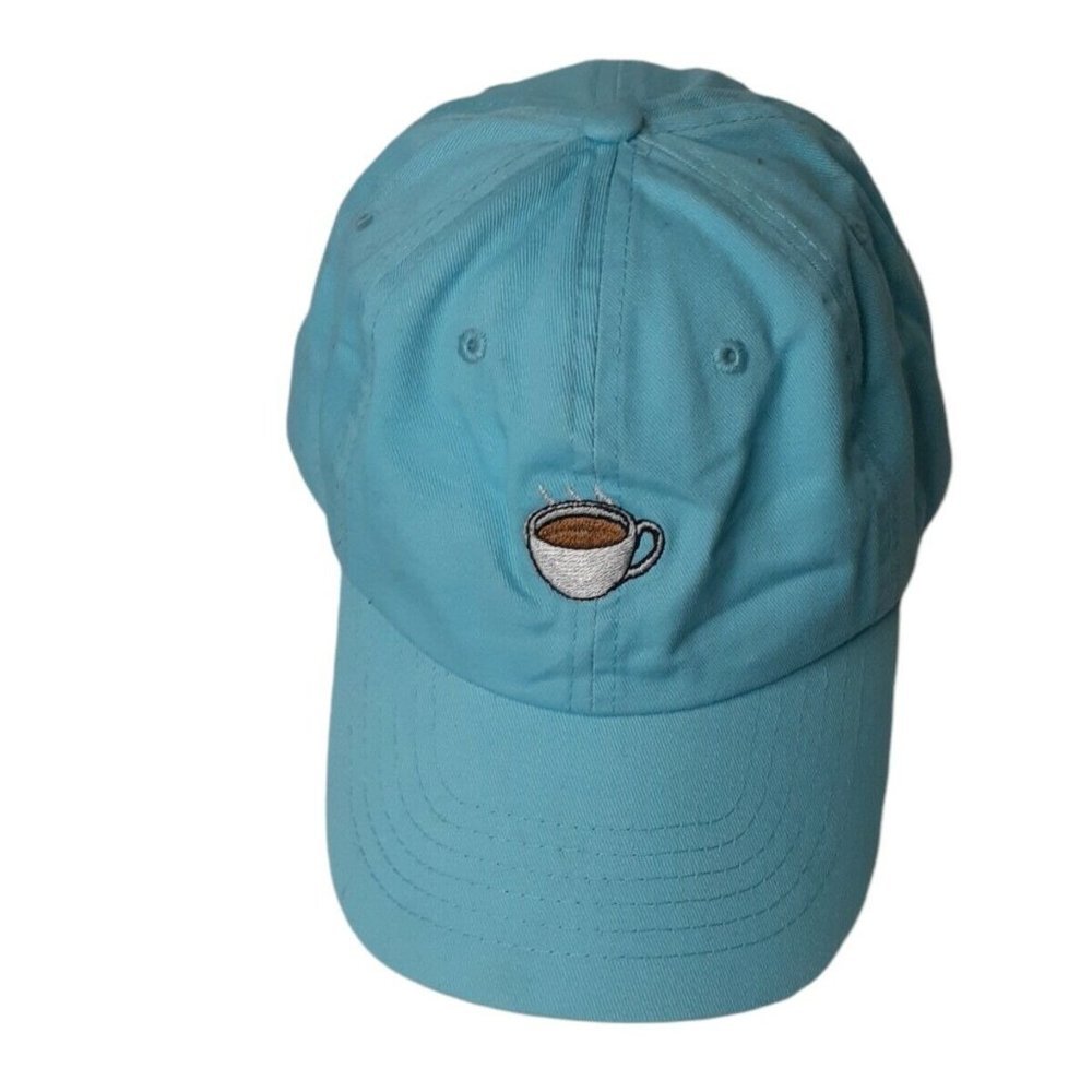 Blue Baseball Hat Embroidered Coffee Cup Adjustable Strap Back Cap